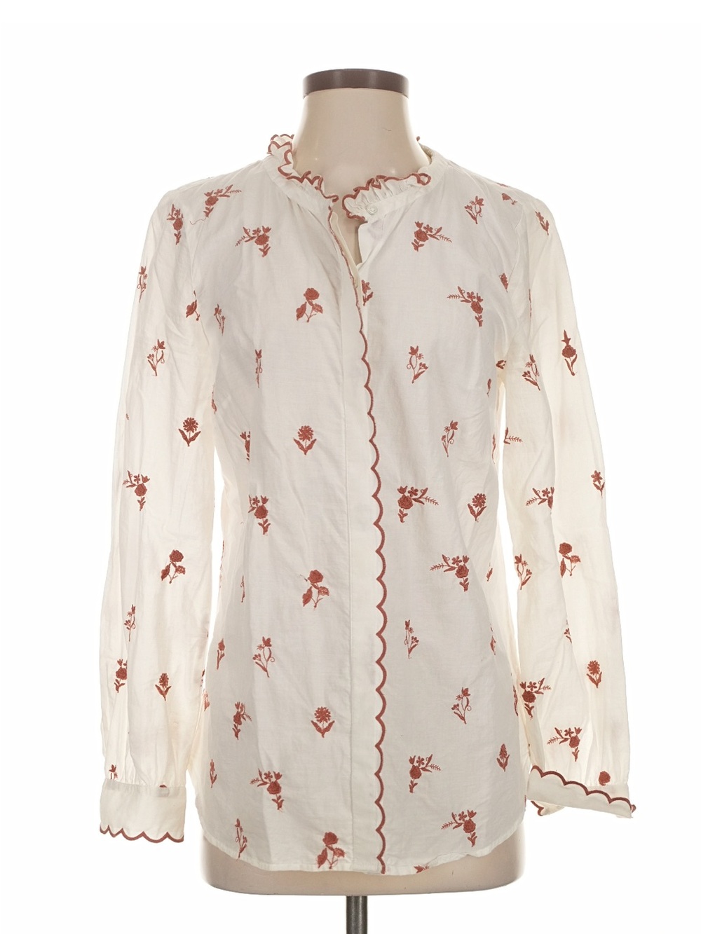 Talbots Cream Blouse with Rust Floral Print and Scalloped Trim
